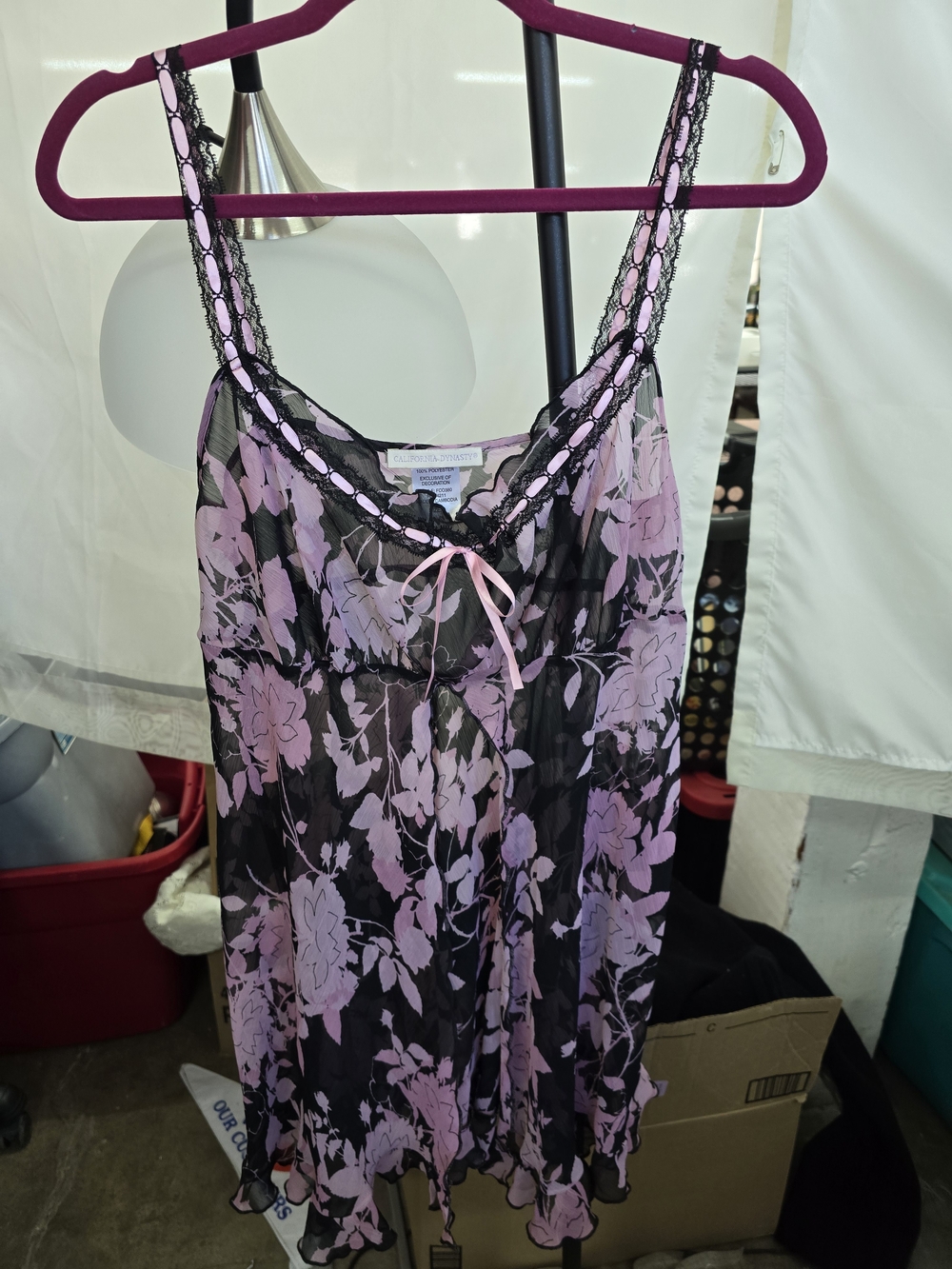 Sheer Black Chemise with Lilac Floral Lace Trim